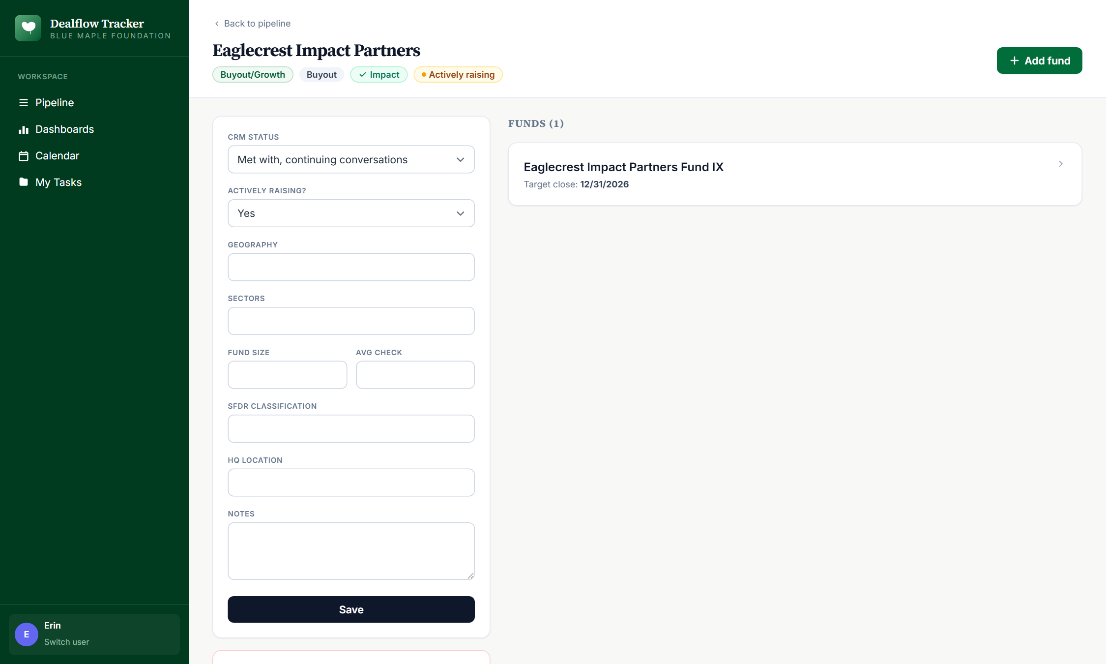 Manager workspace &mdash; metadata above, fund list below.