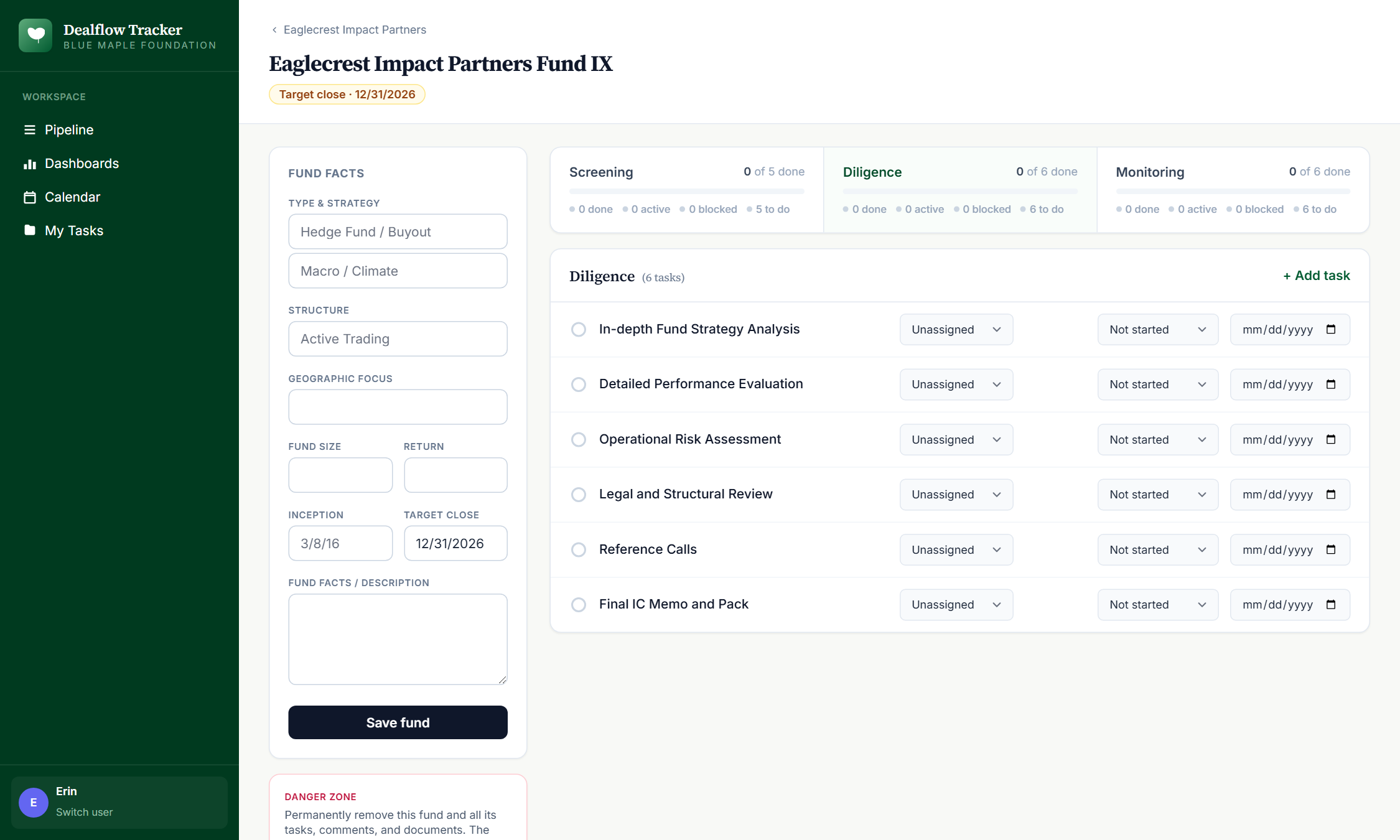 Fund workspace &mdash; Kanban phases with tasks per status.
