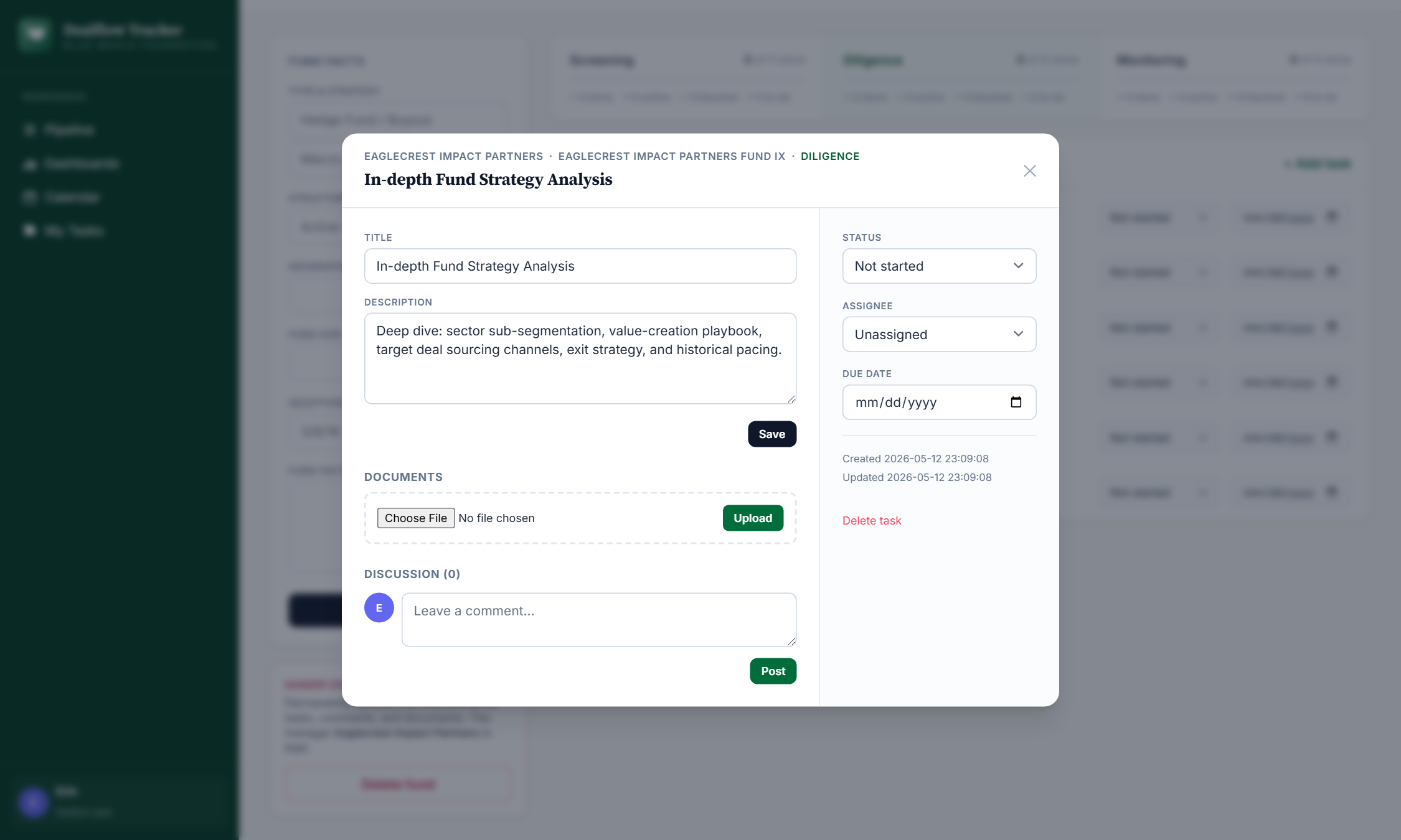 Task detail &mdash; description, owner, due date, comments, attachments.