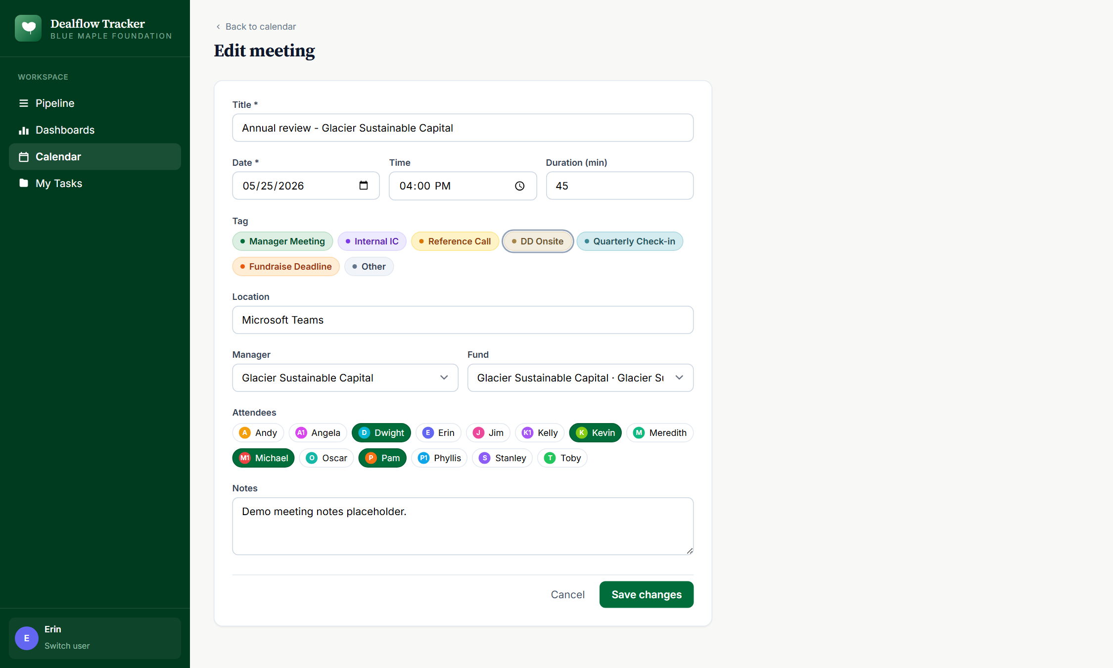 Meeting edit form &mdash; same fields, current values pre-filled.