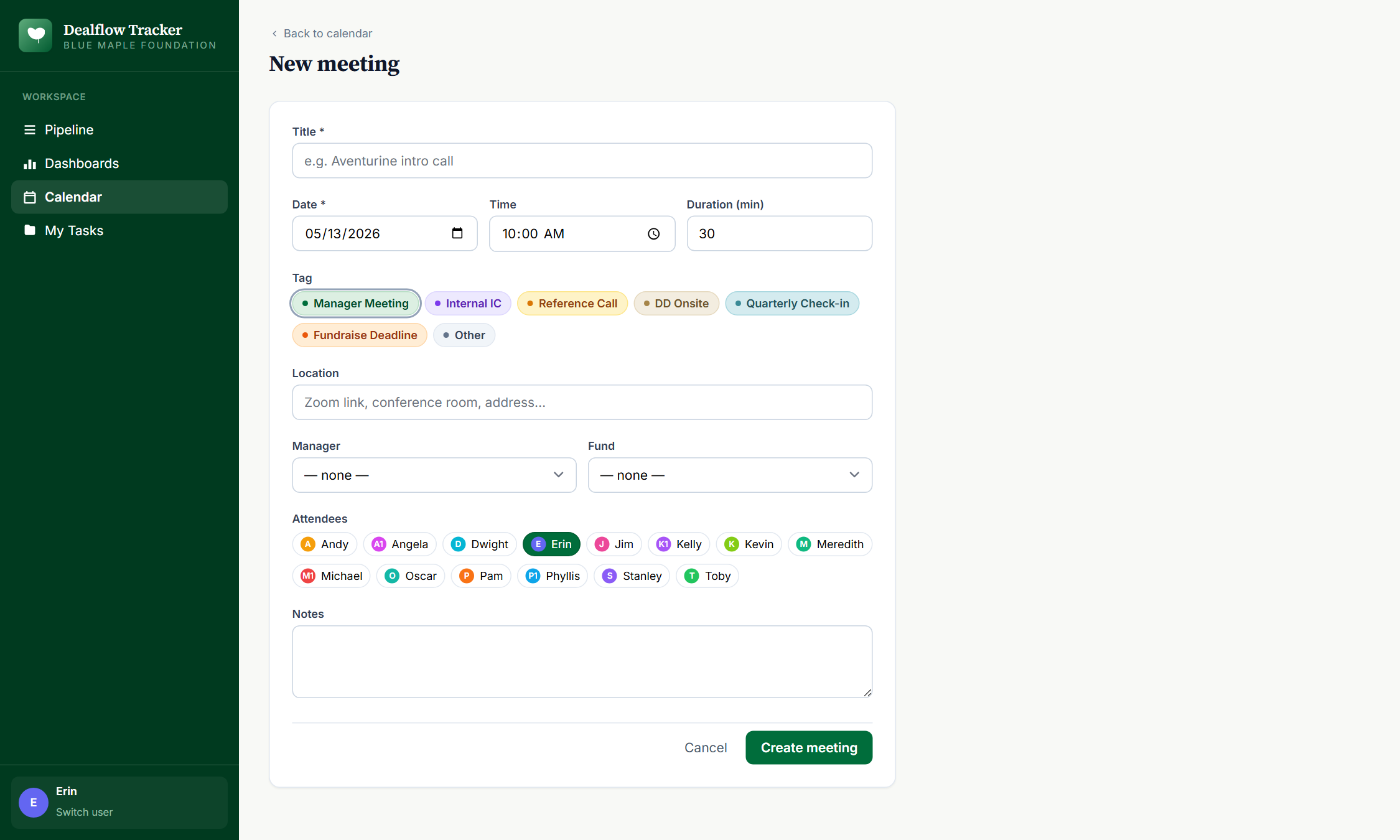 New meeting form &mdash; fields pre-fill from the originating context.