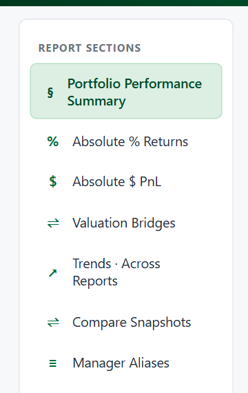 Sidebar navigation &mdash; section list plus build stamp at the bottom.